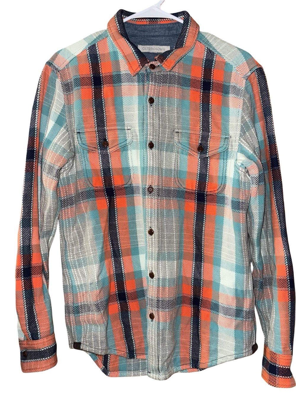 Outerknown Organic Cotton Blanket Shirt Plaid Orange Teal Blue Cream Size Small